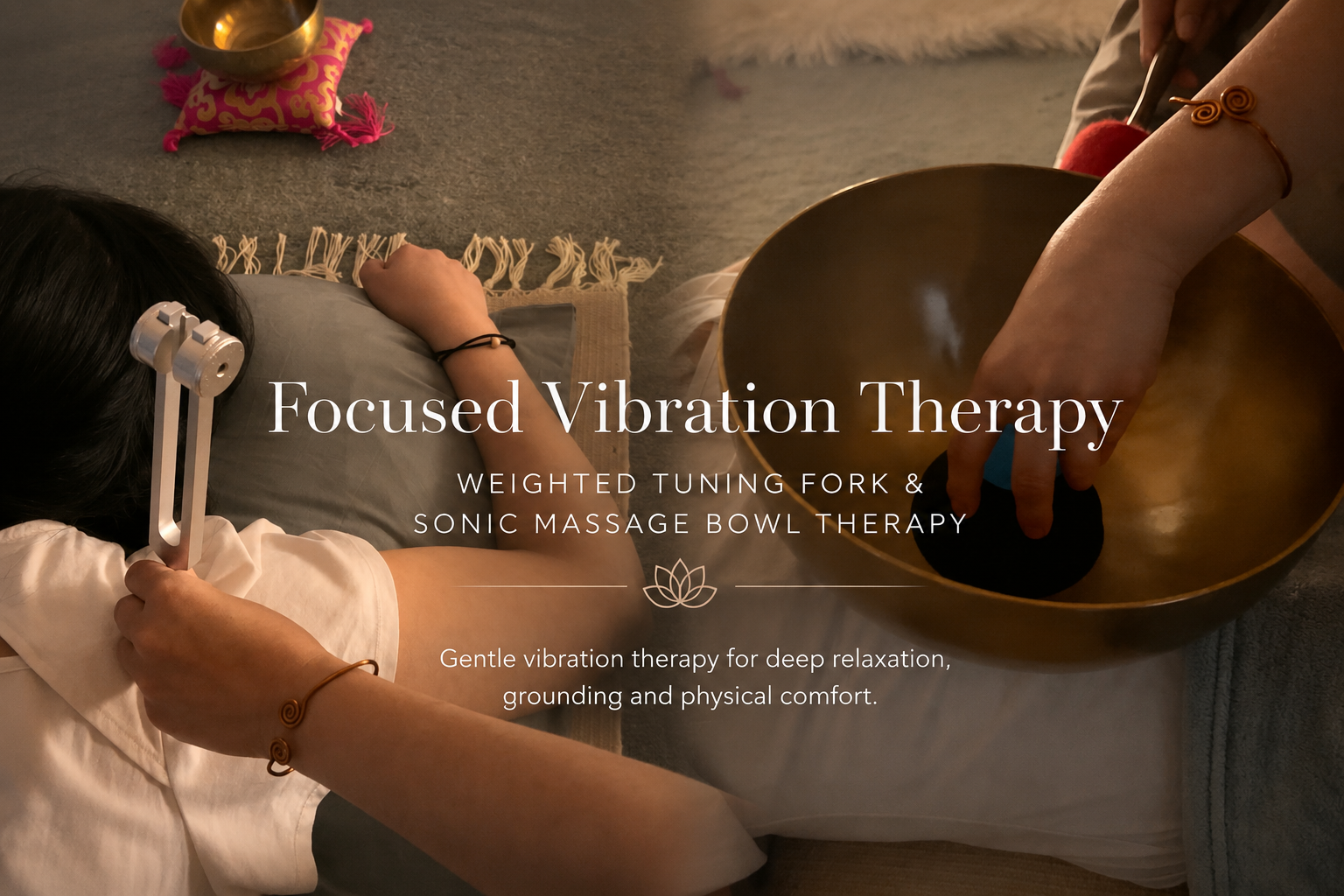 Focused Vibration Therapy in Sutton using weighted tuning forks and sonic massage bowl therapy to support relaxation, grounding, muscle release and nervous system regulation.