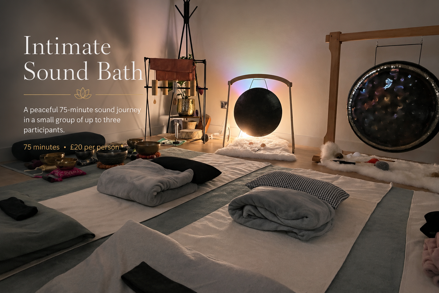 Intimate Sound Bath at Harmony Sound Healing in Sutton, featuring Himalayan singing bowls and gongs in a peaceful garden studio for deep relaxation, stress relief and emotional balance.