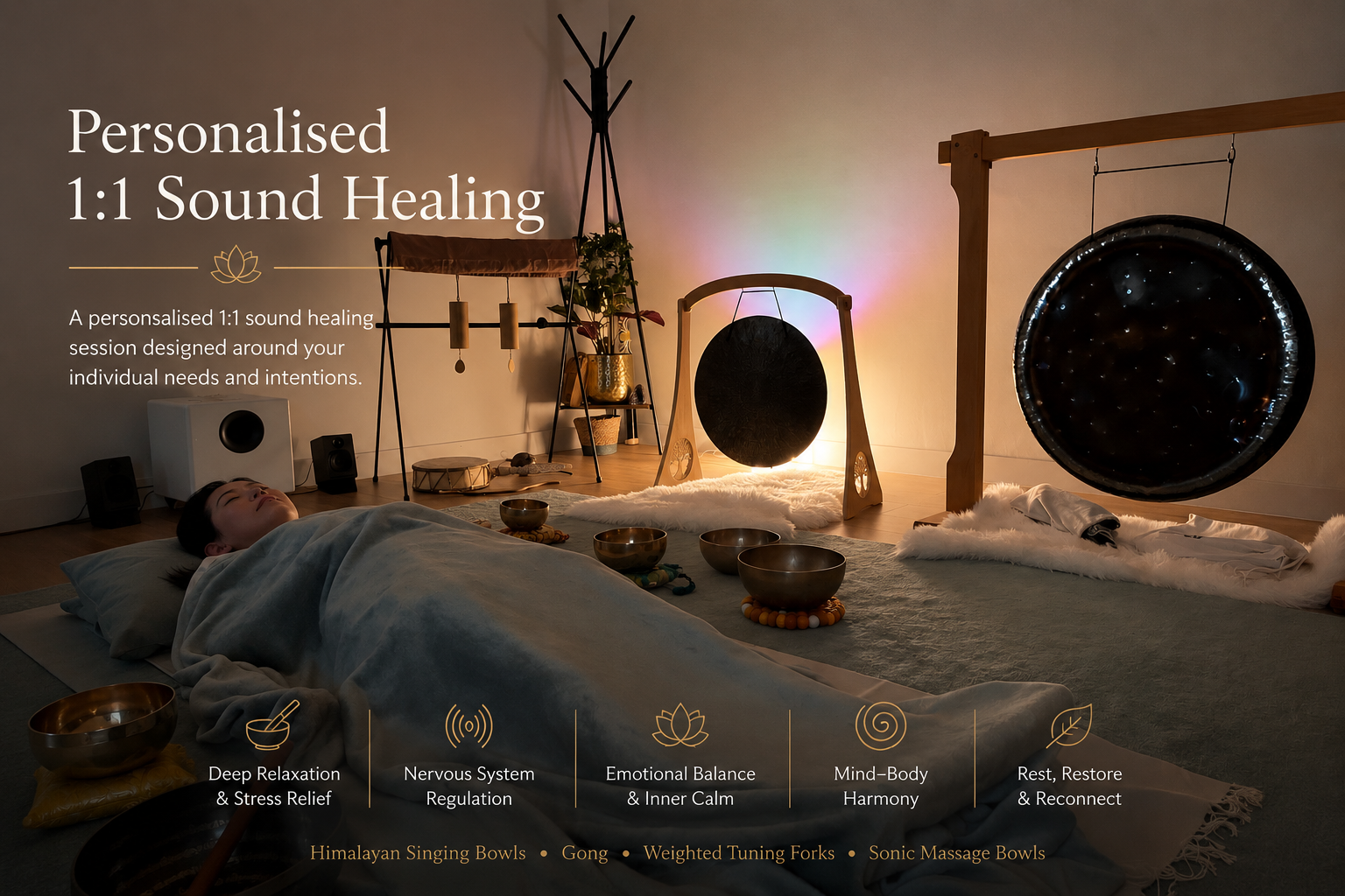 Personalised 1:1 Sound Healing session at Harmony Sound Healing in Sutton using Himalayan singing bowls, gongs and therapeutic sound to support relaxation and wellbeing.