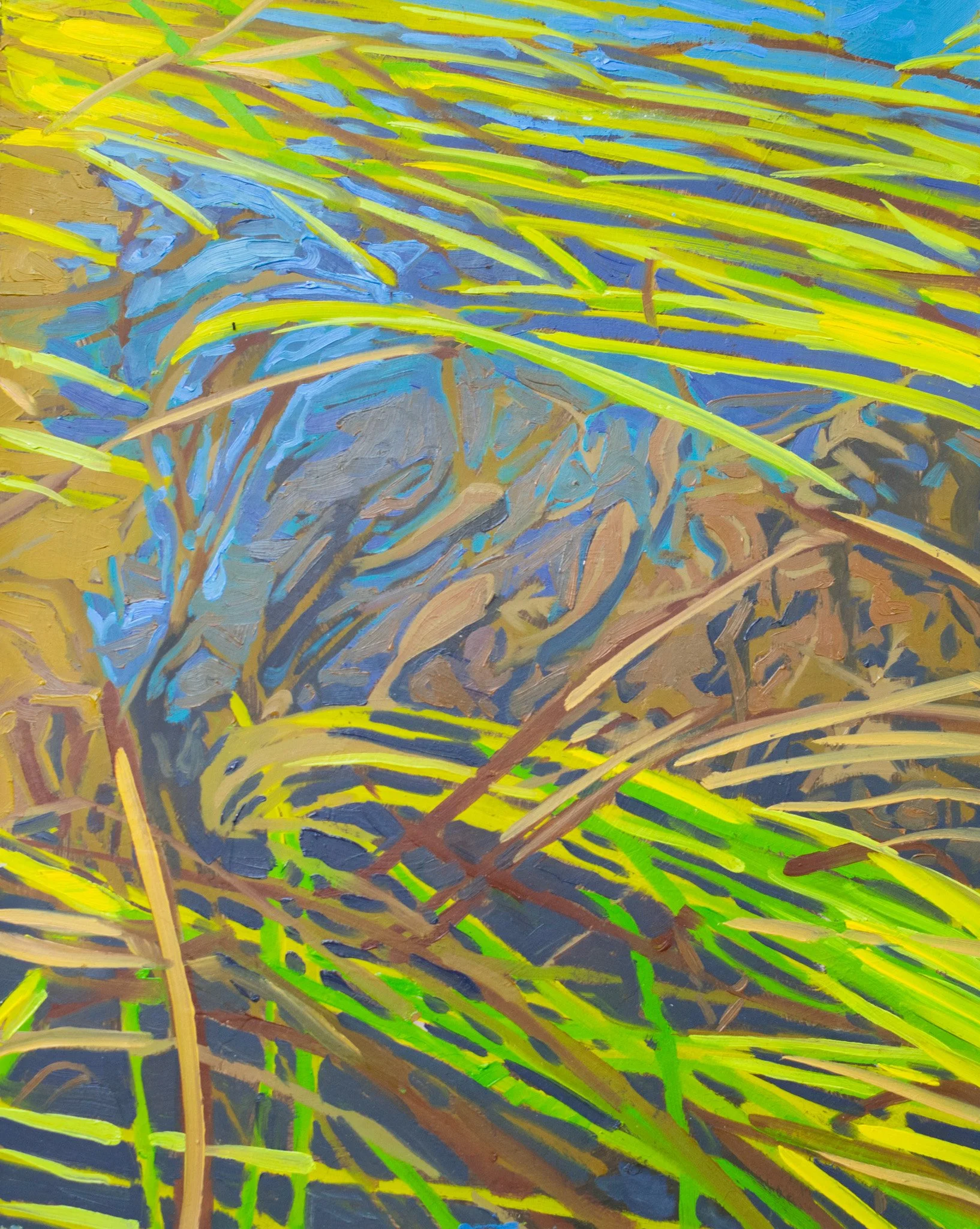 Down Martin Stream, 13.75x11", oil on crescent board (framed), 2025, $200
