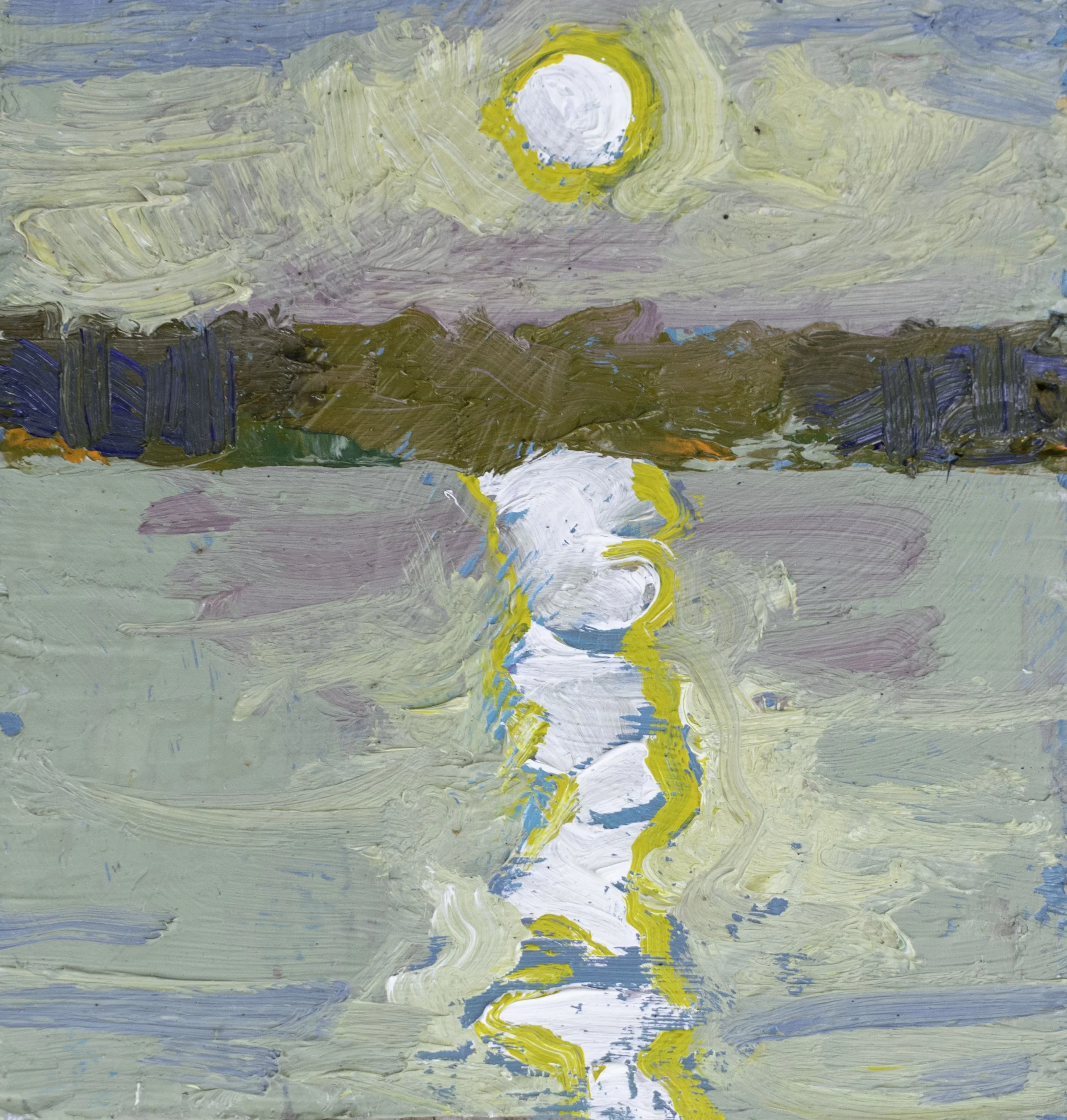 Sunset Over Chamberlain, 4x3.75", oil on wood (framed), 2025, sold 