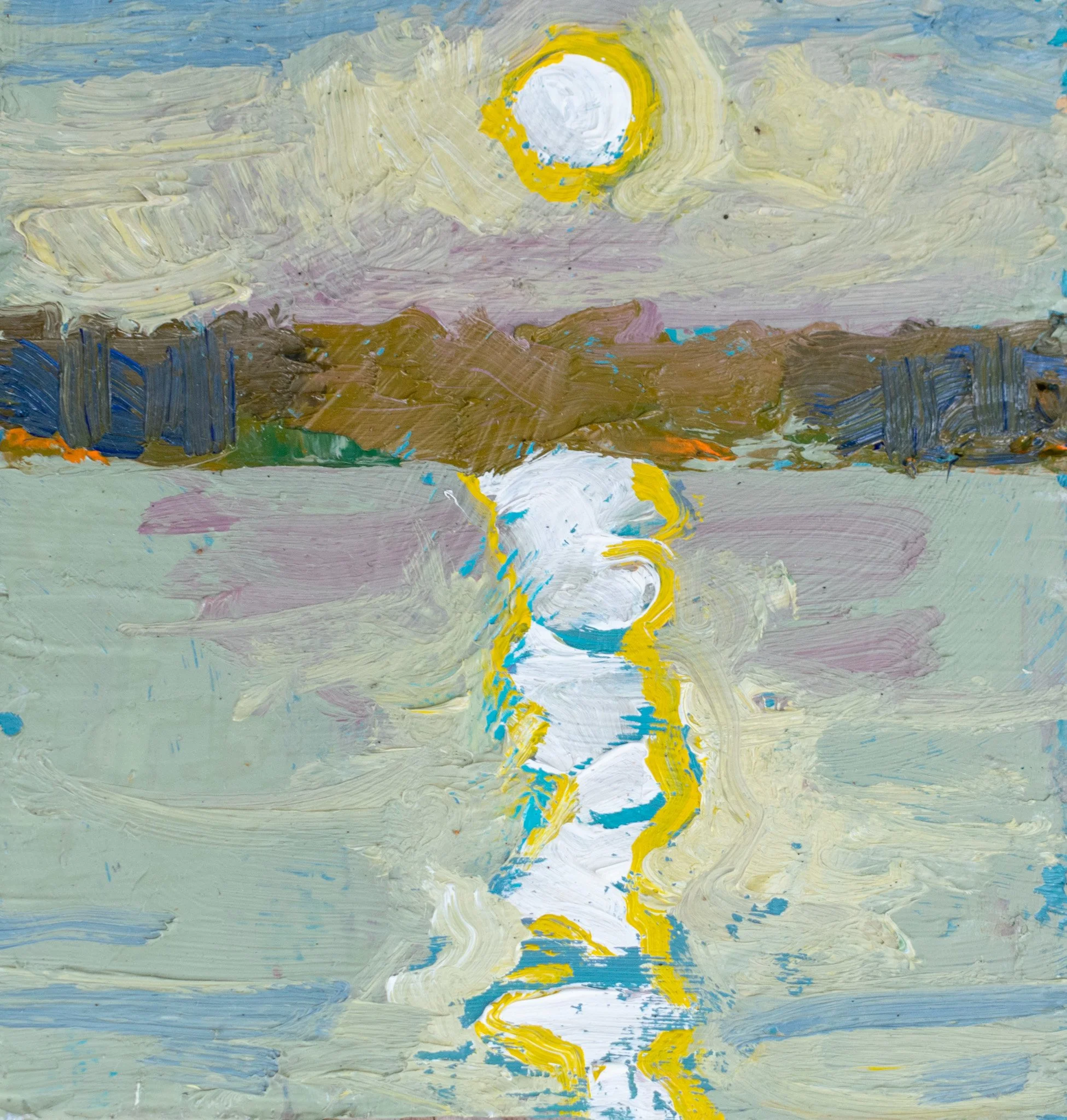 Sunset Over Chamberlain, 4x3.75", oil on wood (framed), 2025, sold 
