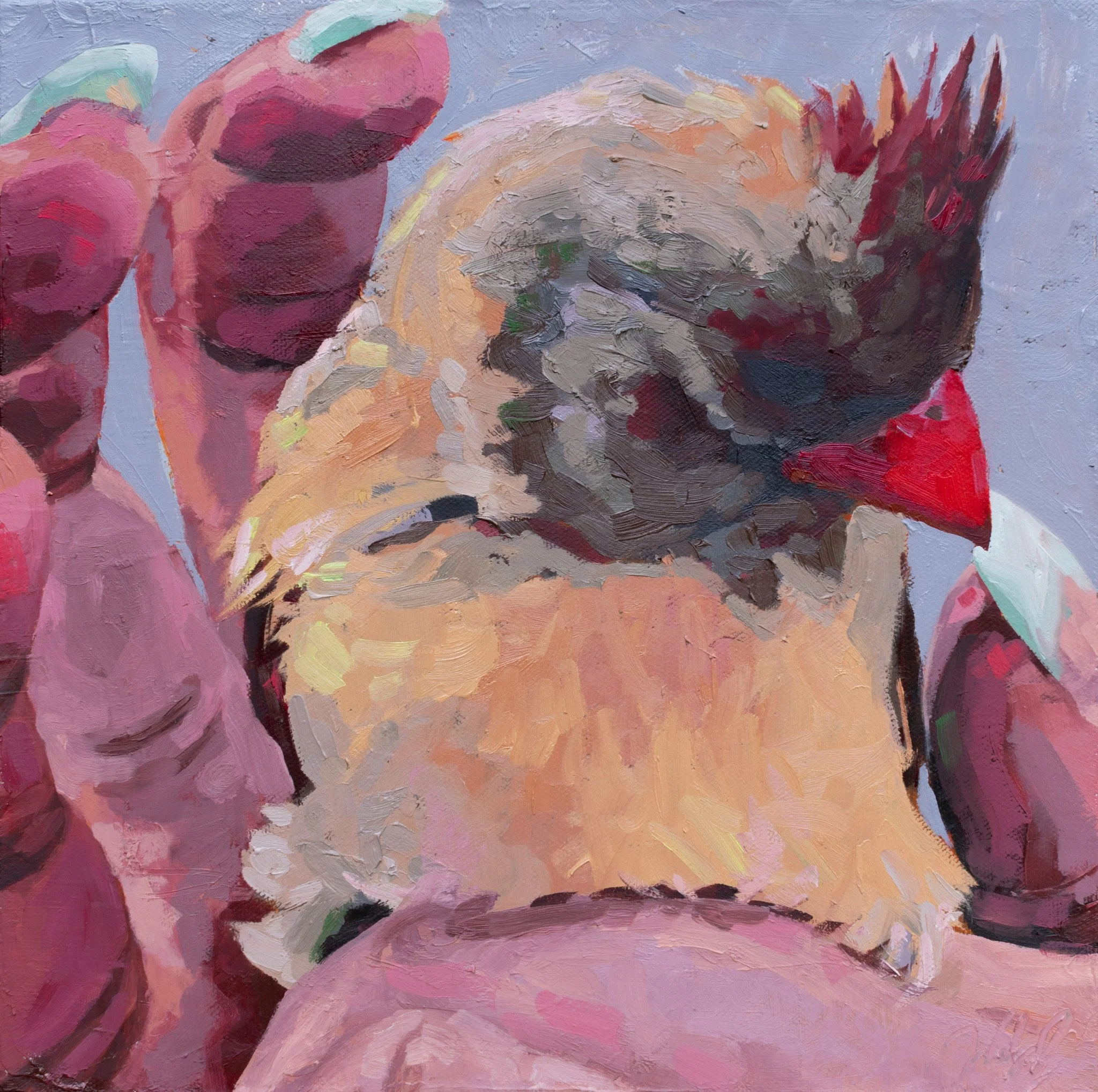 Sheridan with Cardinal, 12x12", oil on canvas, 2024, $275