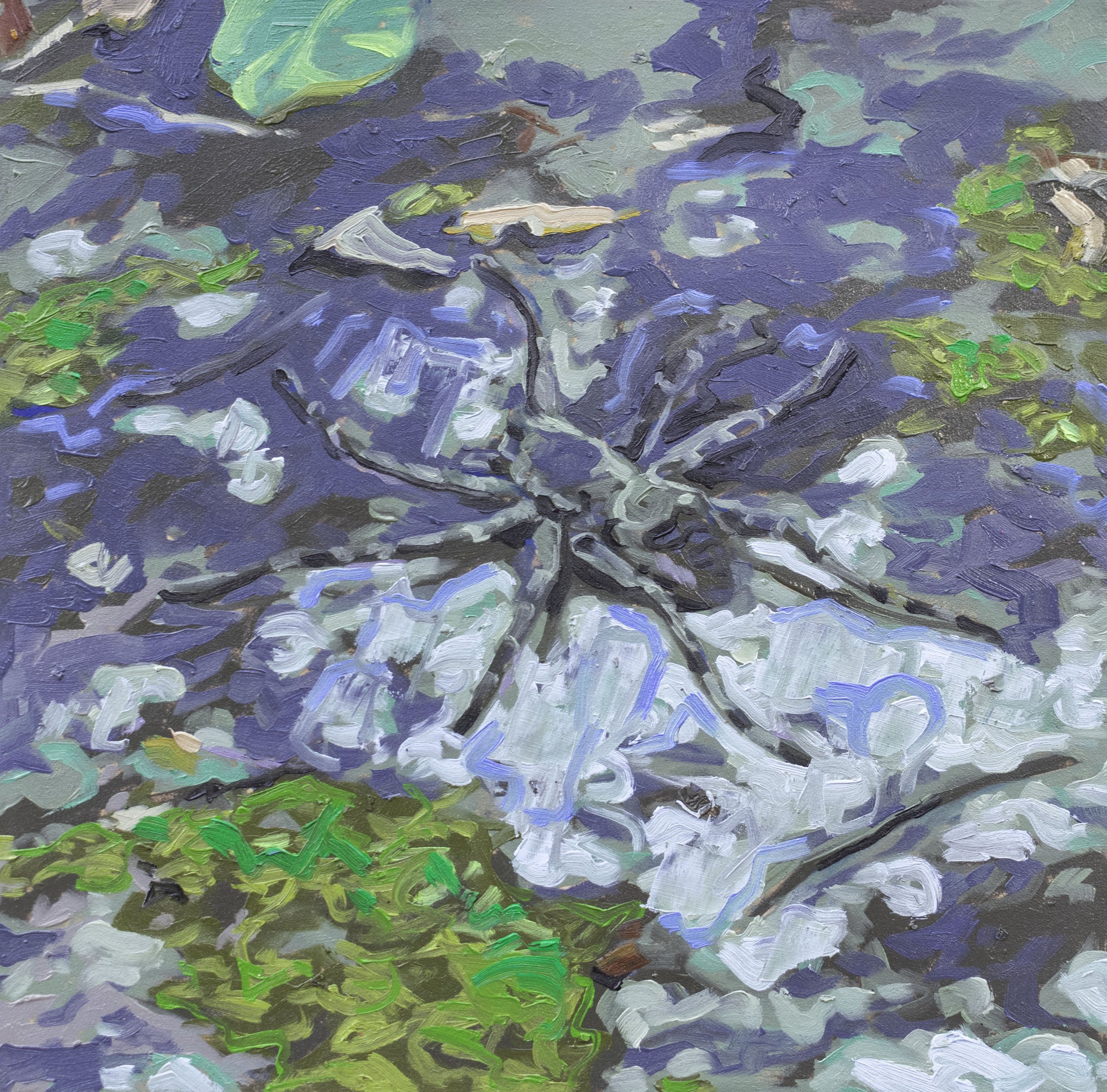 Outhouse Guardian, 12x12", oil on board, 2025, $100