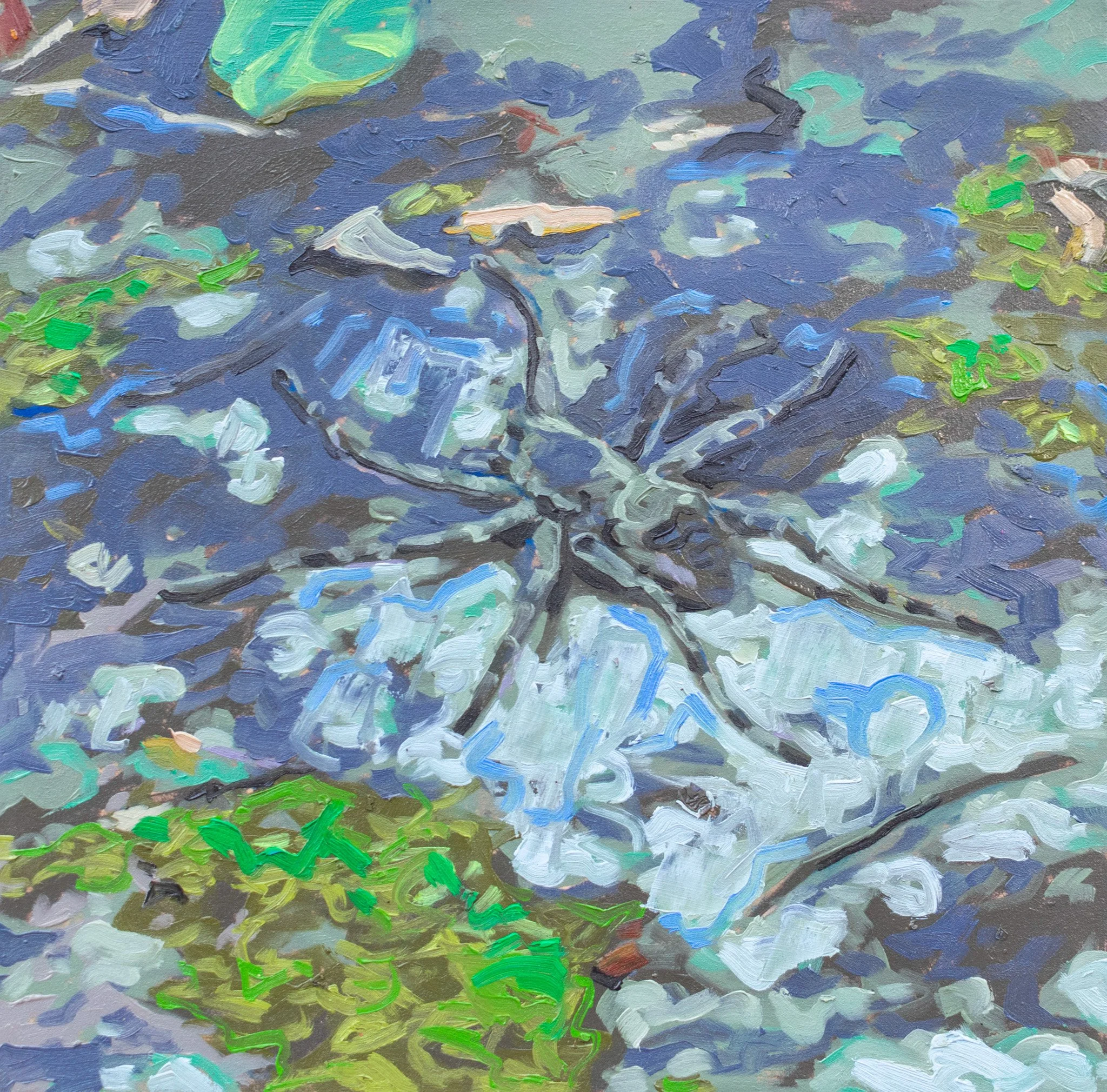 Outhouse Guardian, 12x12", oil on board, 2025, $100