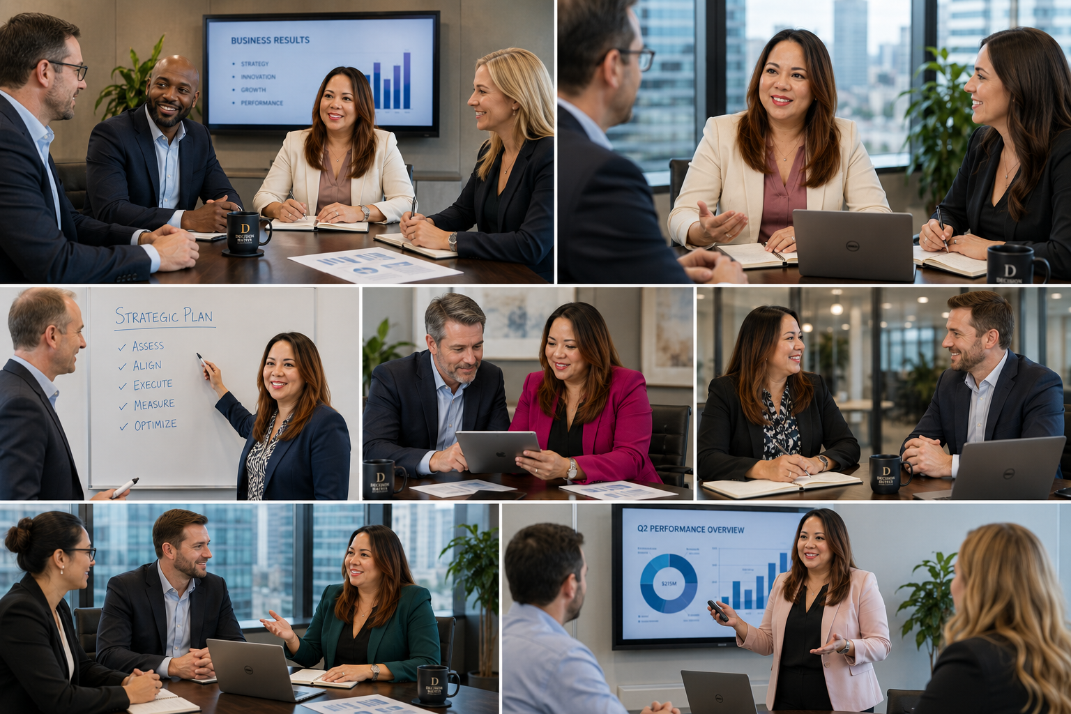 Business professionals in a conference room having a meeting with presentations on screens displaying graphs and plans.