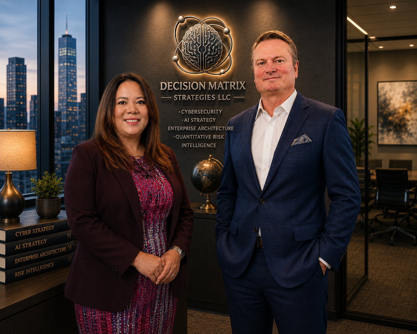 Two professionals, a woman and a man, standing in an office with city skyline view. Behind them is a wall with the Decision Matrix Strategies LLC logo and list of services: cybersecurity, AI strategy, enterprise architecture, quantitative risk, and intelligence. The woman is smiling, dressed in a blazer over a patterned dress, and the man is in a checked suit with a pocket square.