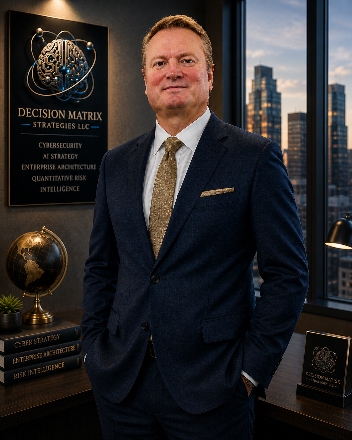 A man in a dark suit and gold tie standing in an office with city skyscrapers visible through the window. Behind him is a sign for Decision Matrix Strategies LLC, with topics like cybersecurity and AI strategy. A desk with books and a globe is also visible.