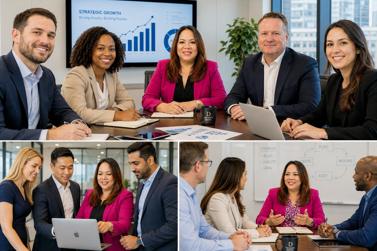 A diverse group of business professionals in a meeting room, discussing strategy and growth charts on a screen and whiteboard.