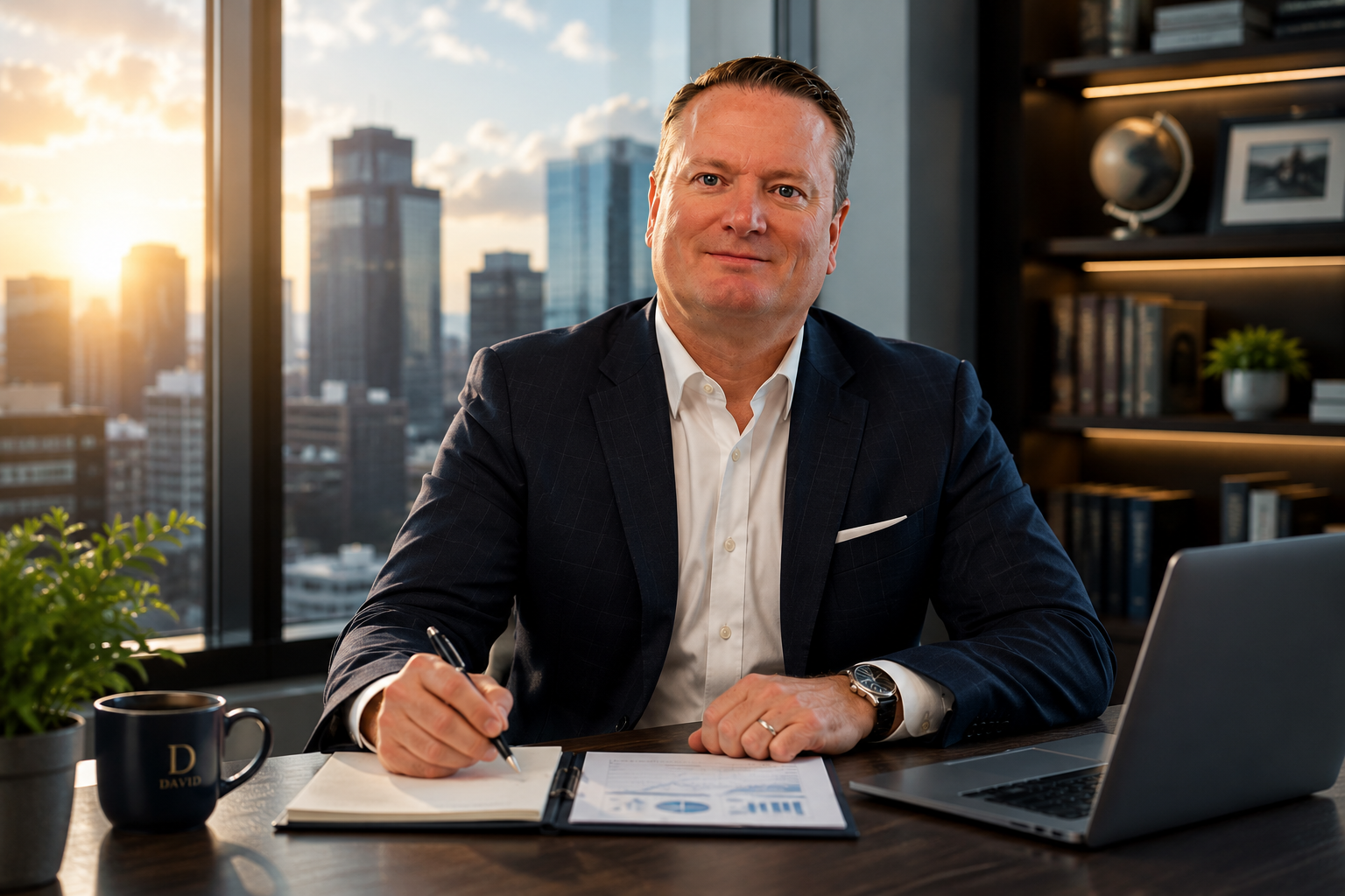 Businessman sitting at a desk in an office with a city skyline and sunset outside the window.