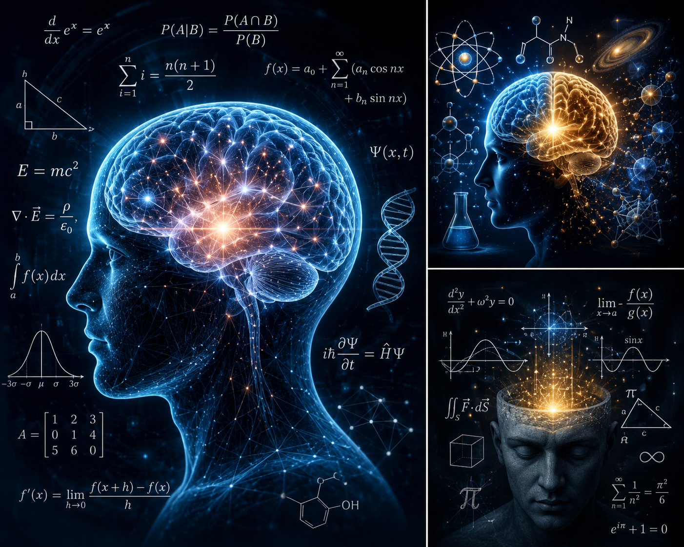 Digital artwork of a human head with illuminated brain, scientific equations, and molecular structures surrounding it, representing neuroscience and scientific exploration.