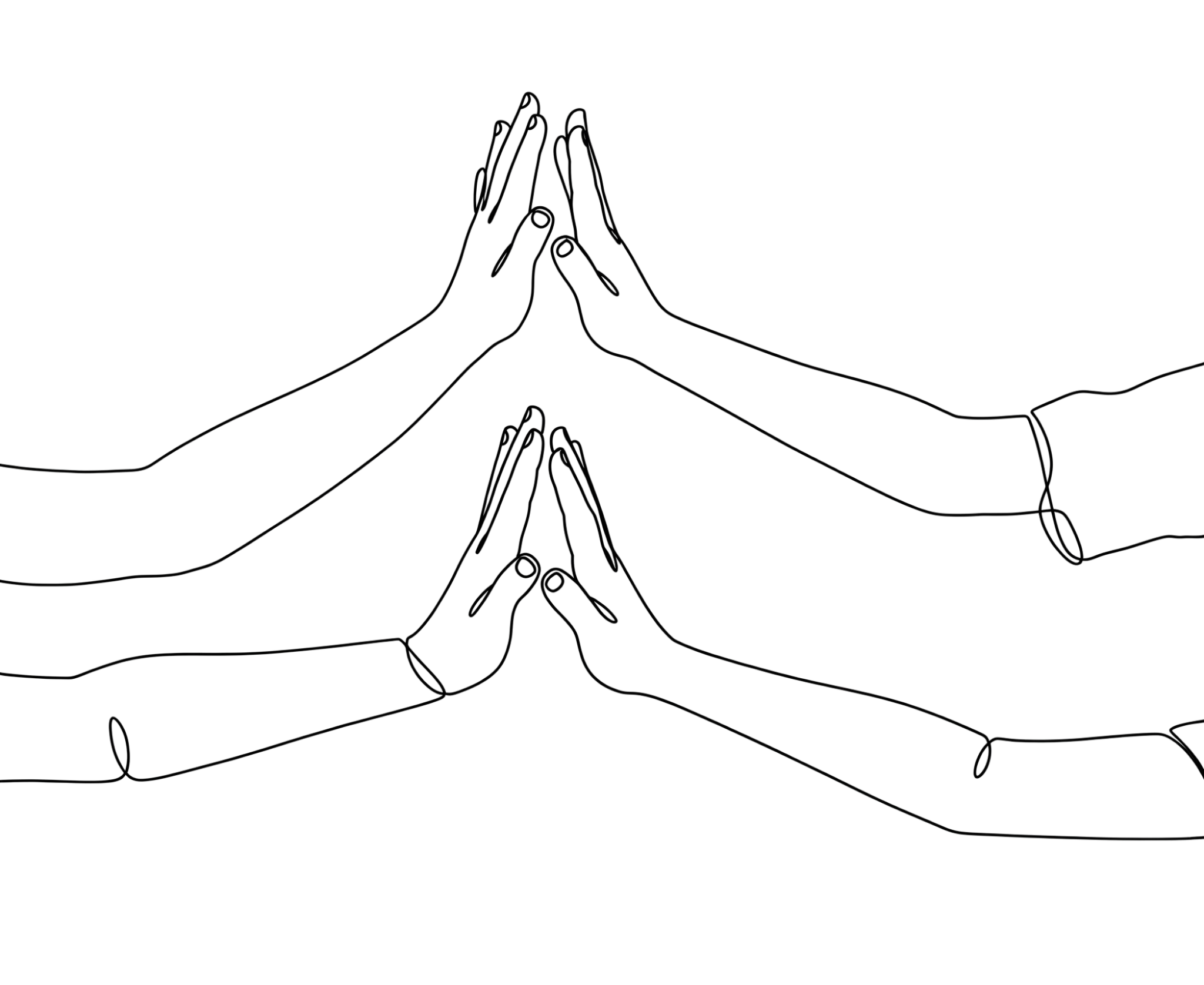Outline of two hands pressed together in a prayer or greeting gesture against a black background.