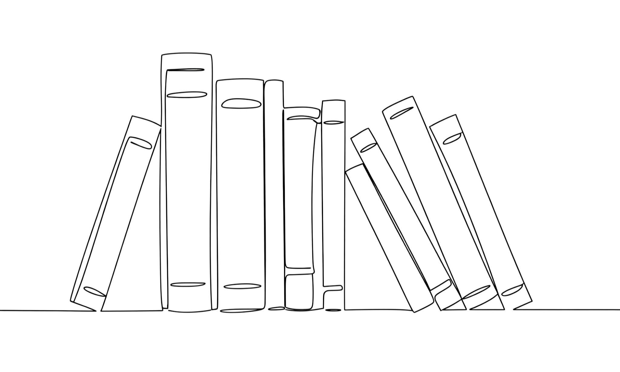 Line drawing of a row of books standing upright on a shelf, with some leaning to the sides.