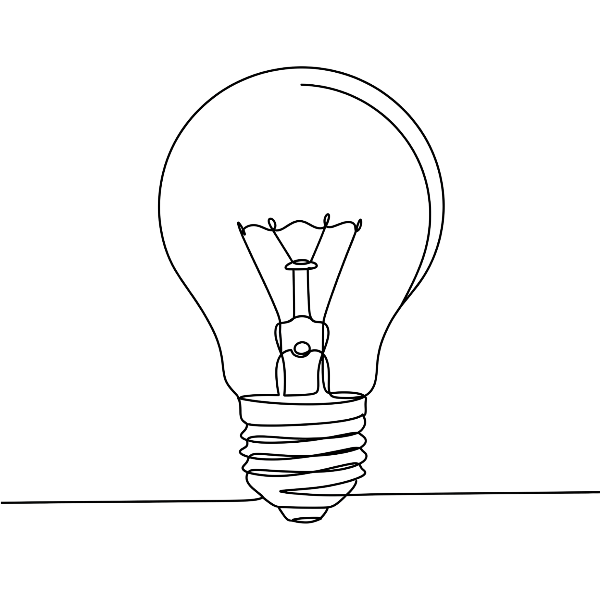 Outline drawing of a light bulb with a filament inside.
