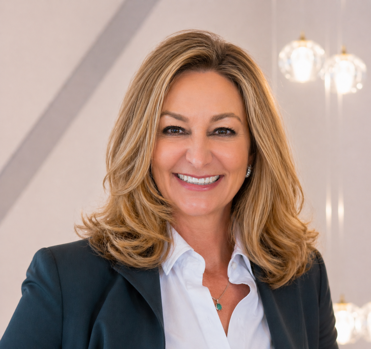 A smiling woman with shoulder-length blonde hair, wearing a white blouse, black blazer, and jewelry, standing in a well-lit indoor setting.