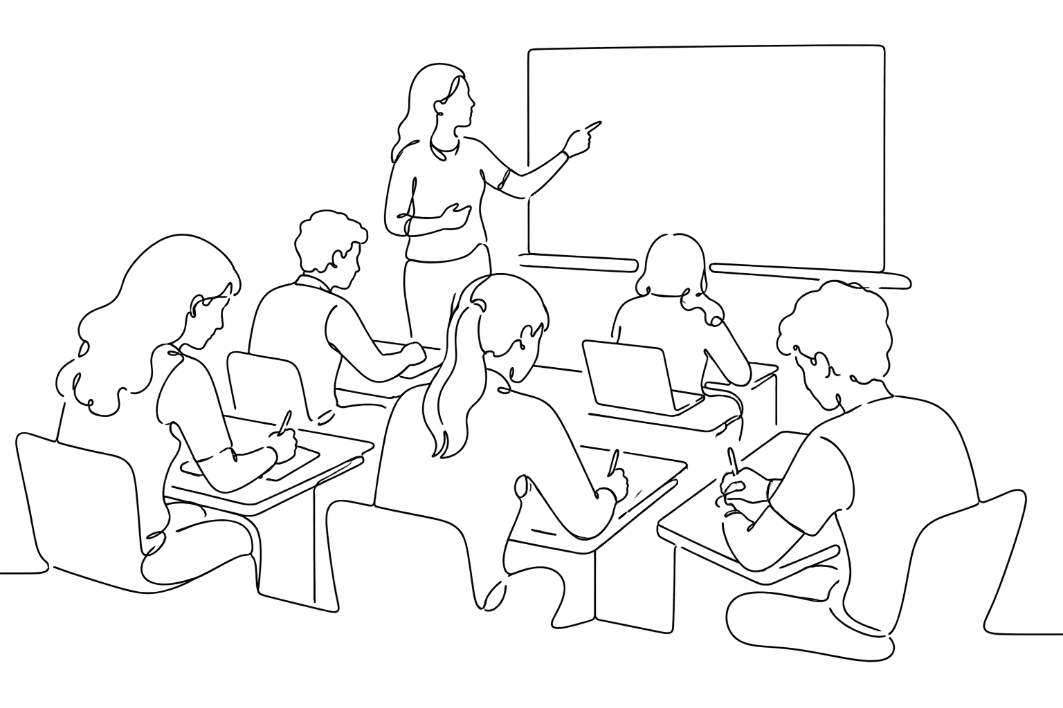 A teacher standing in front of a blackboard leading a class of five students, some of whom are taking notes and others using laptops, in a classroom setting.