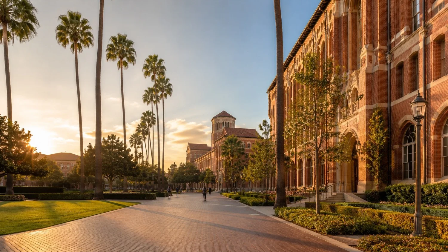 University campus walkway lined with palm trees at golden hour