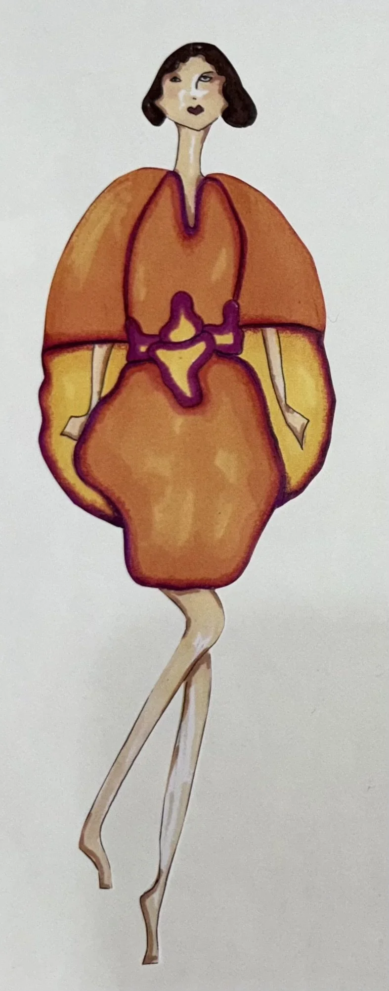 A fashion illustration of a woman wearing an oversized orange dress with yellow accents, paired with long, slender legs and dark bob hairstyle.