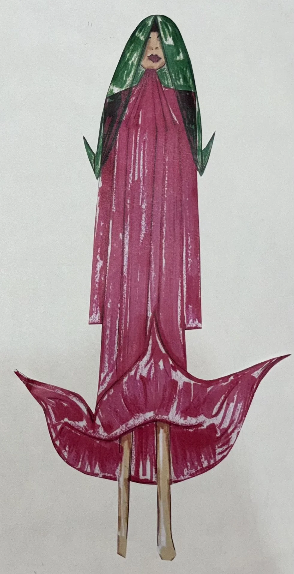 A fashion illustration of a woman wearing a long pink tube dress with a green leaf like veil, paired with long, slender legs.