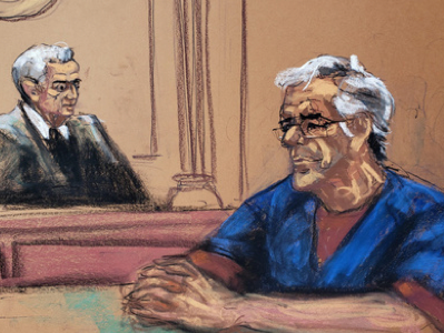A courtroom sketch of Jeffrey Epstein on trial, sitting at a table, with a judge in robes sitting behind him.