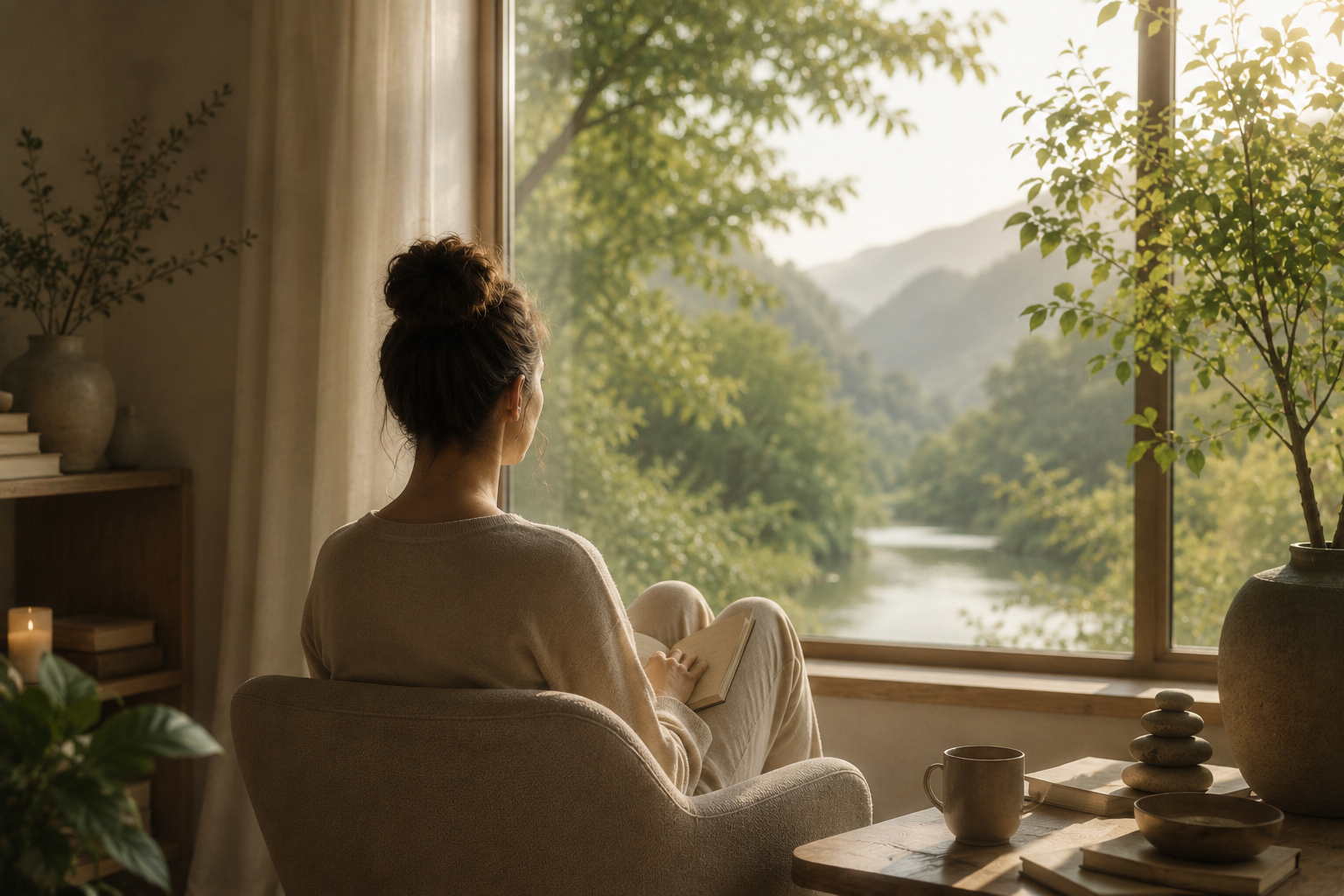 Peaceful reading space overlooking a mountain landscape.