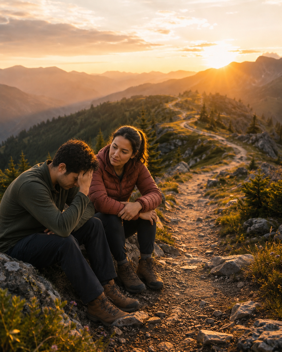 Two people sitting together on a mountain trail, with one offering calm support to the other.