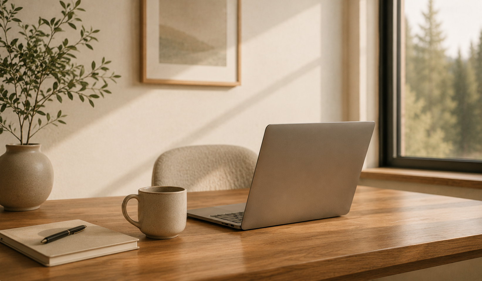Calm virtual therapy workspace with natural light.