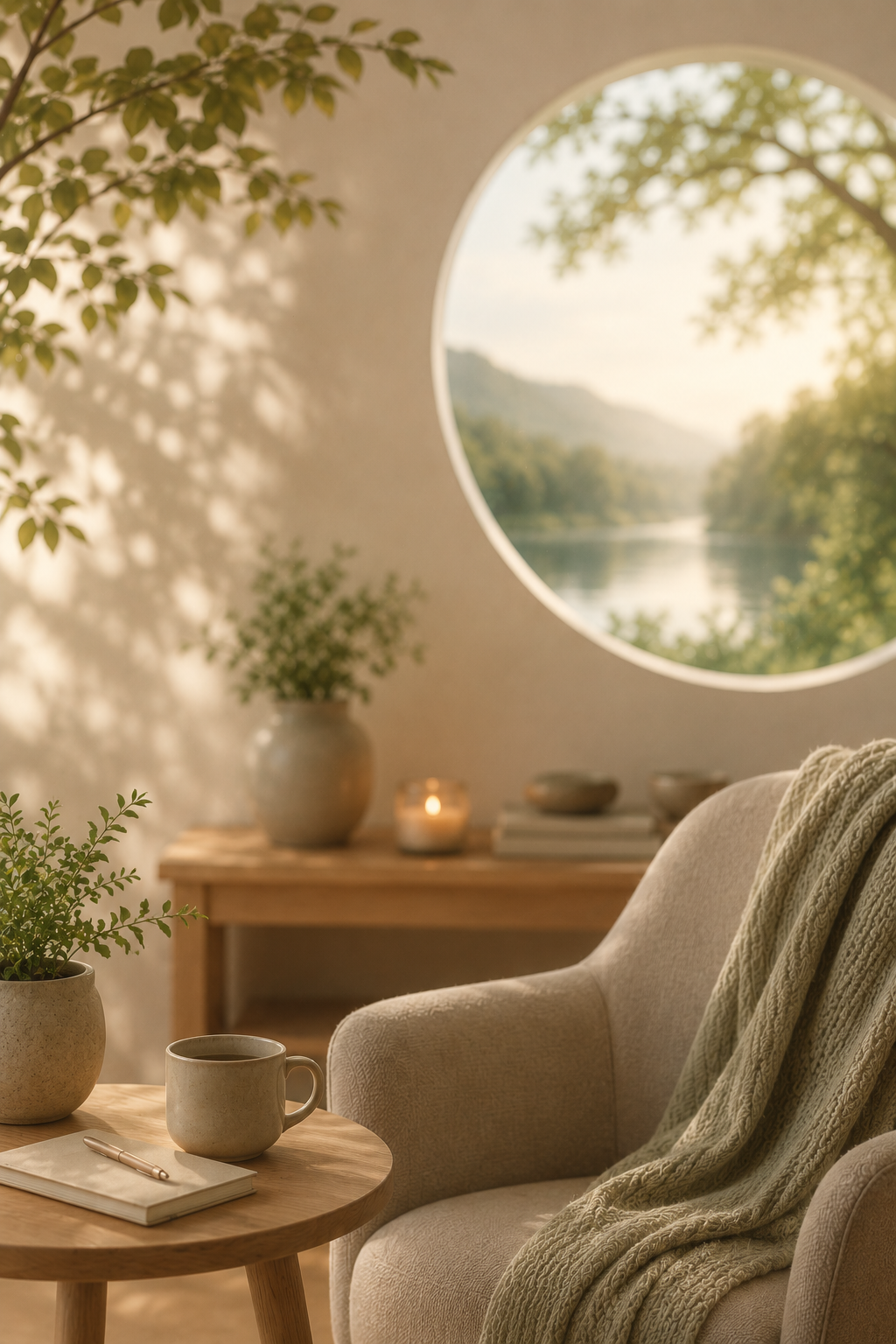 Cozy restorative space overlooking a mountain landscape.