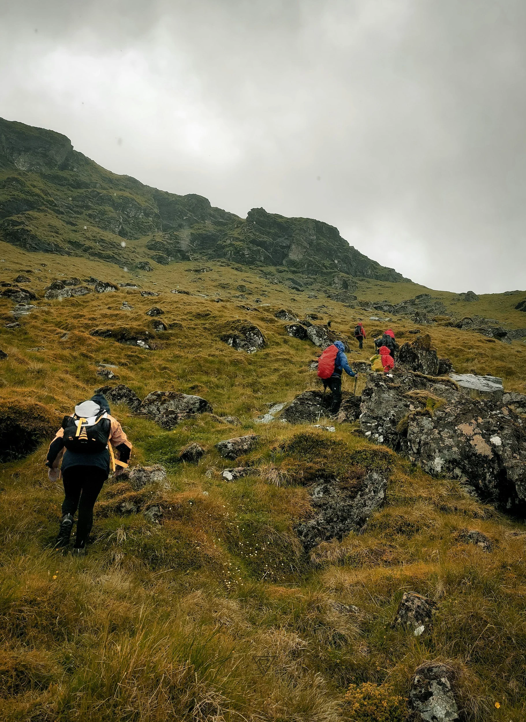 Hikers climbing a rugged mountain trail, symbolizing persistence and progress through challenging experiences.