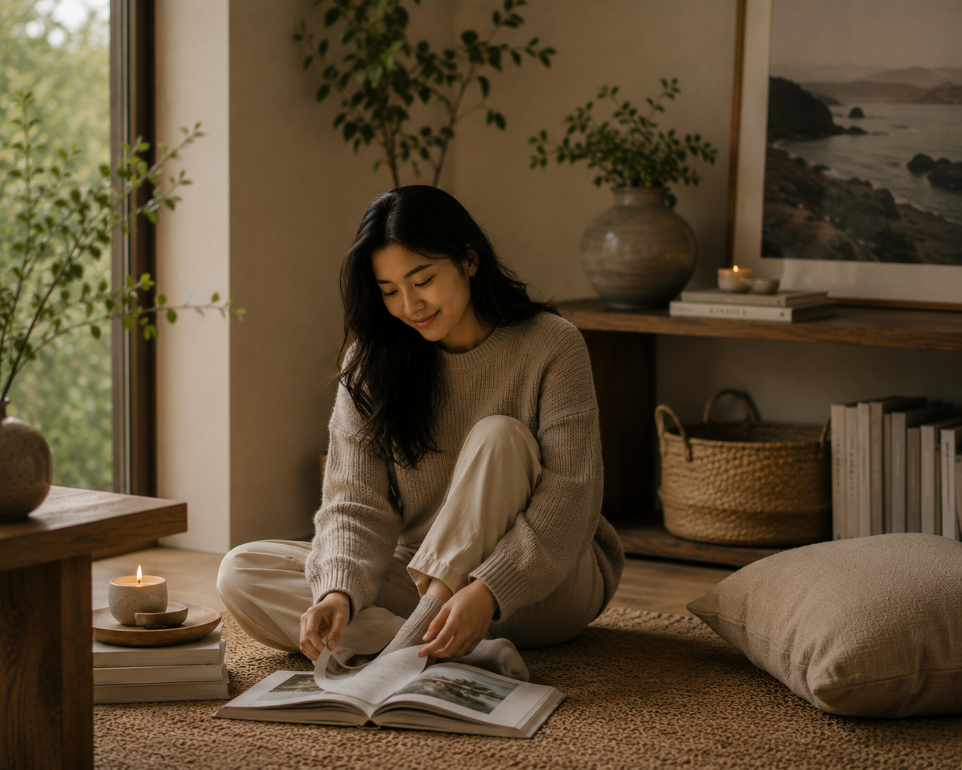 Cozy reflective space with warm lighting and natural textures.