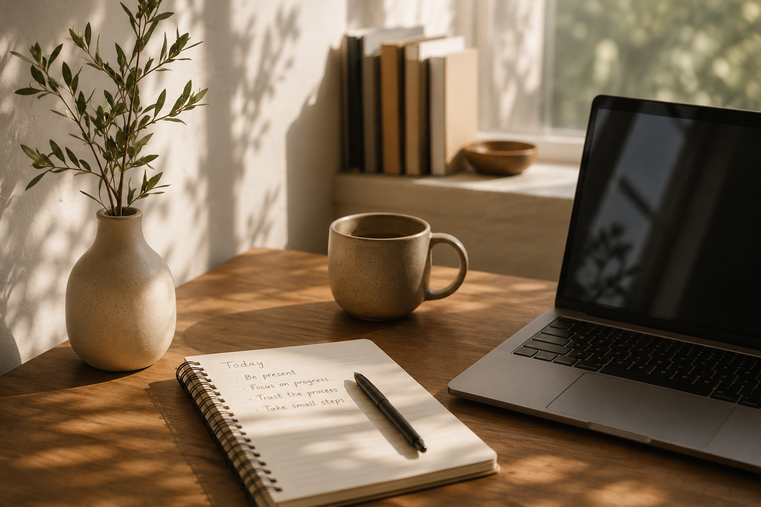 Minimal workspace with warm natural lighting.