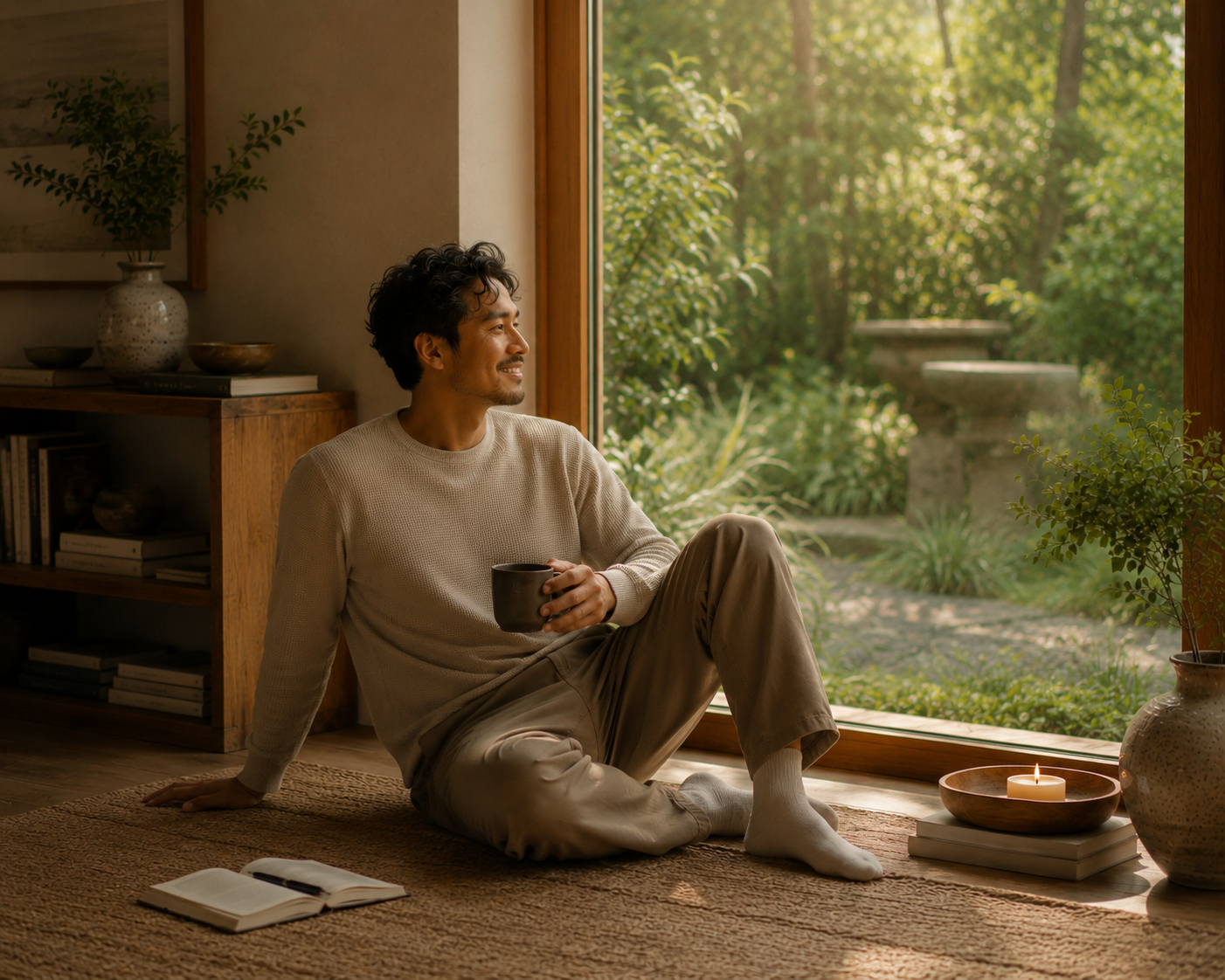 Quiet moment of reflection in a calming indoor space.