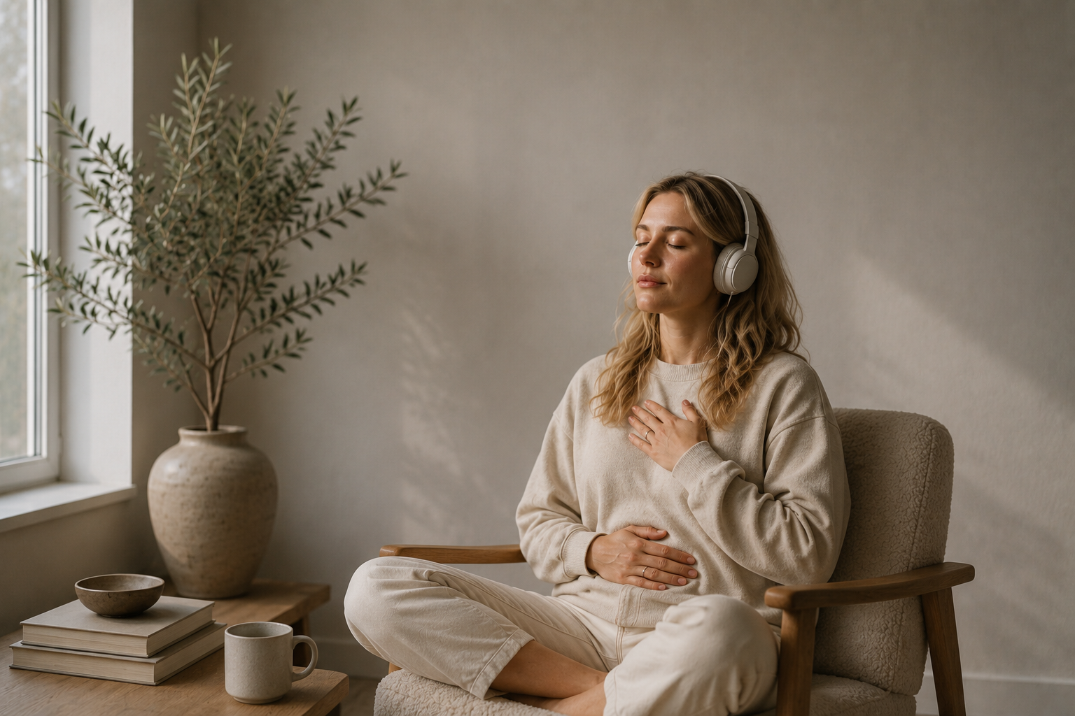 Grounded blonde woman listening to meditation through headphones