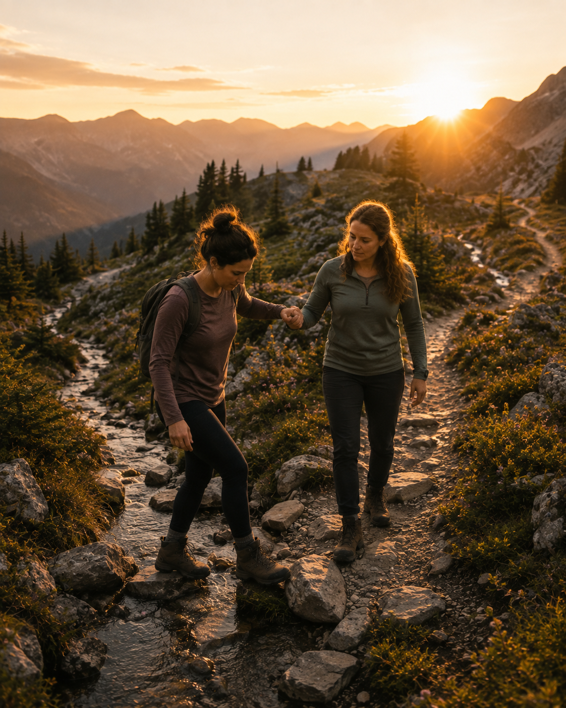 Two people navigating uneven mountain terrain together, symbolizing support, autonomy, and recovery.