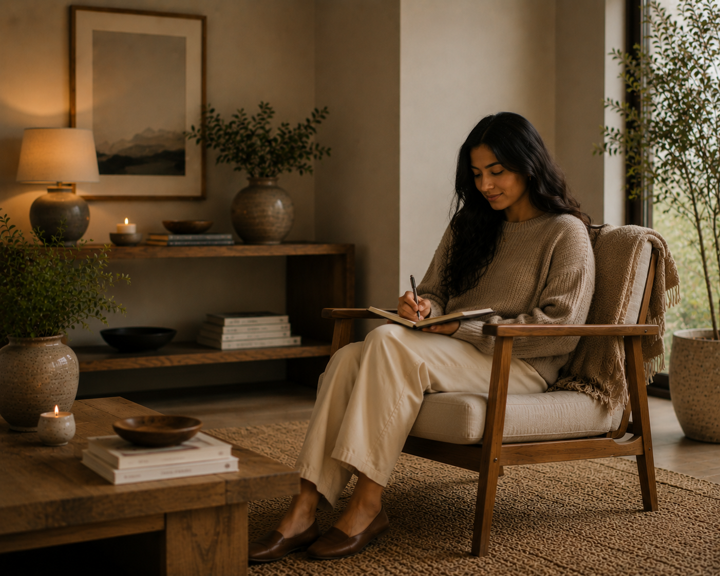 Woman journaling in a peaceful therapeutic setting.