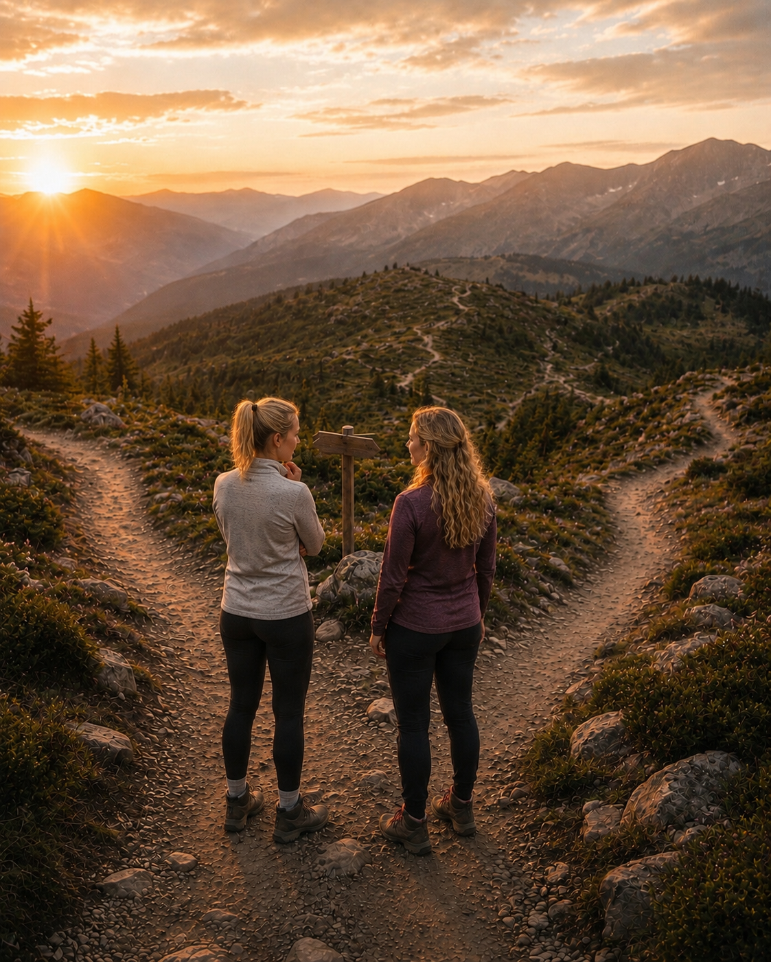 Two people standing together at a mountain trail fork, symbolizing support while facing uncertainty.