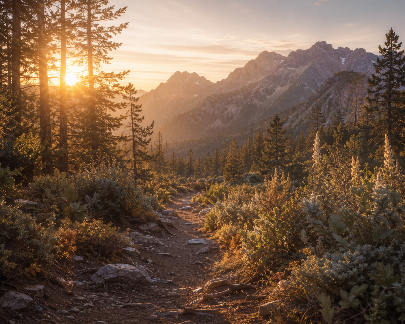 Sunlight through mountain trees in a peaceful forest landscape.