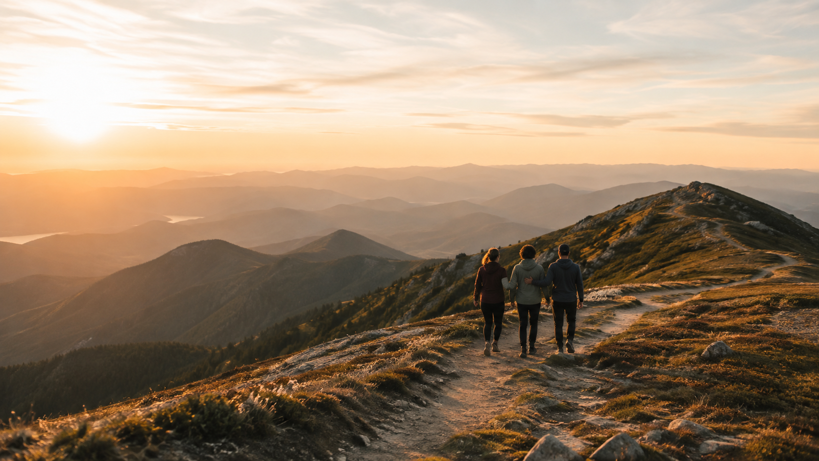 Three people walking together along a mountain trail at sunset, symbolizing support, connection, and recovery.