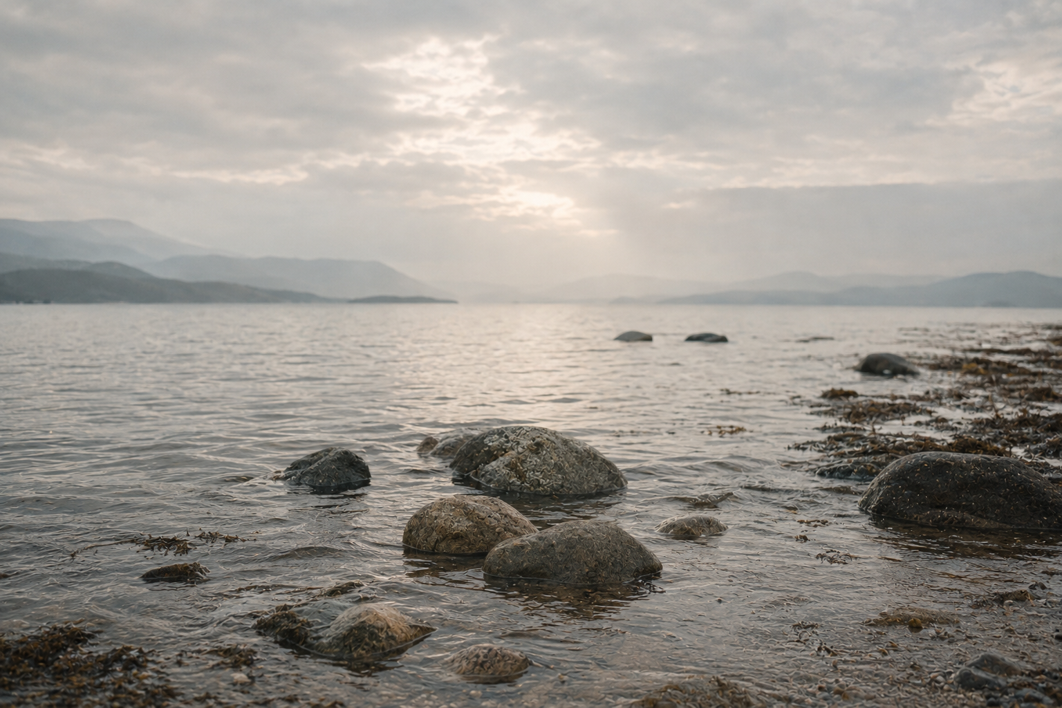 Gentle water moving around irregular shoreline stones, representing openness to uncertainty in OCD and ERP therapy.