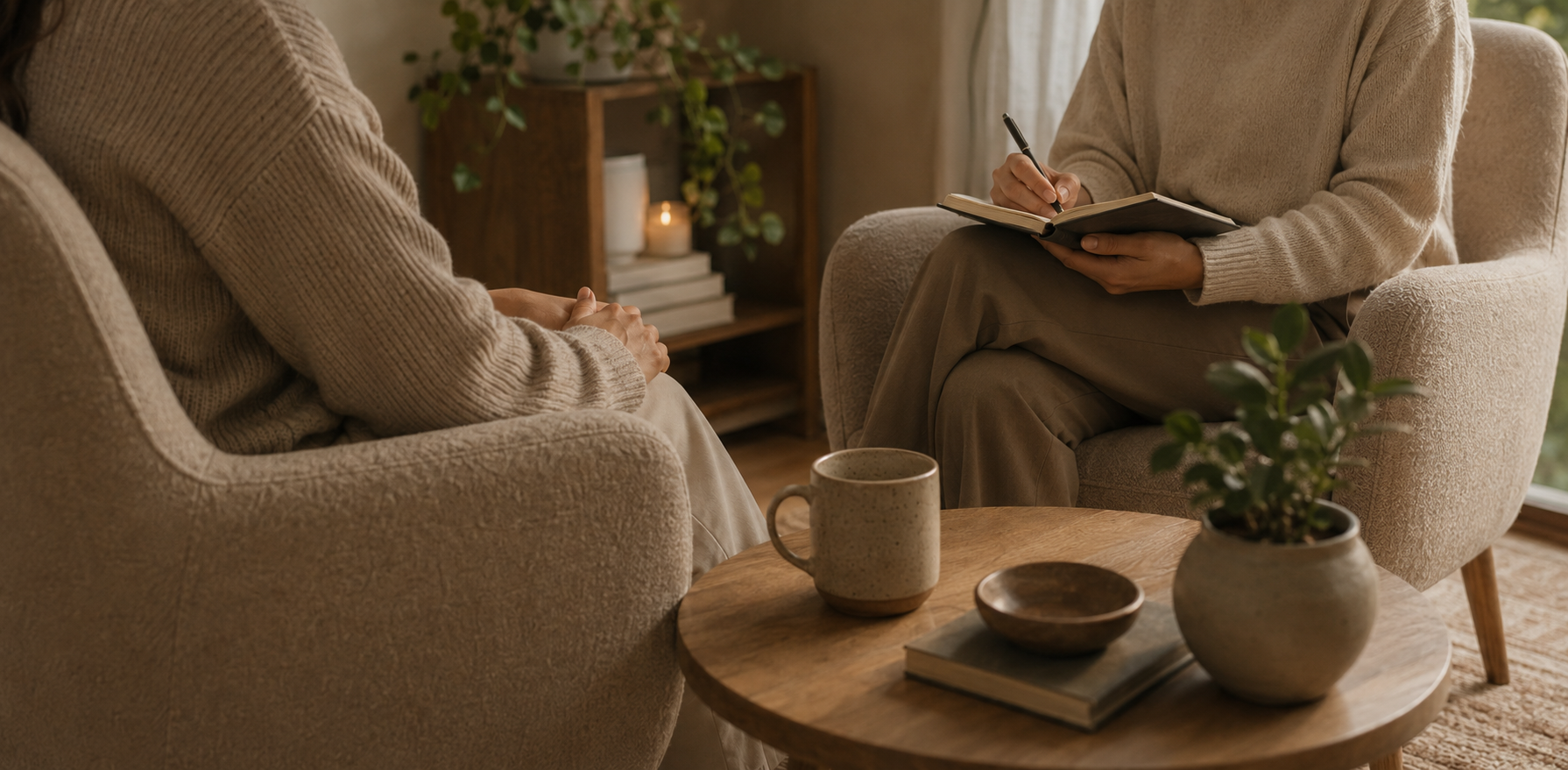 Therapist and client in a calm conversation space.