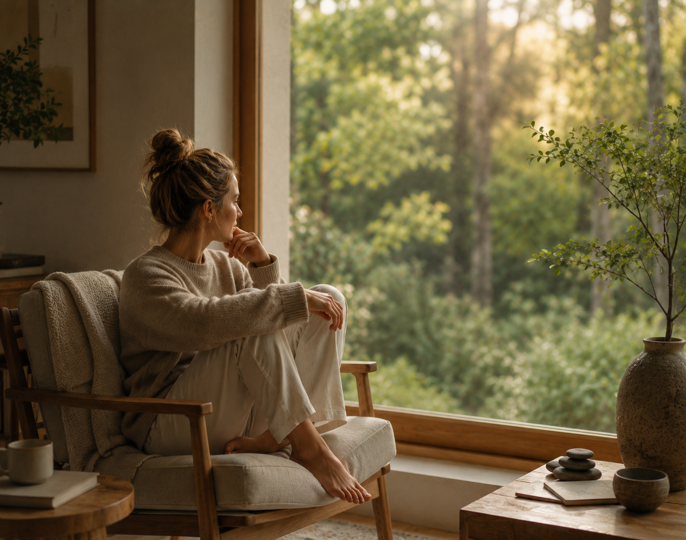 Quiet reflective space overlooking a forest landscape.