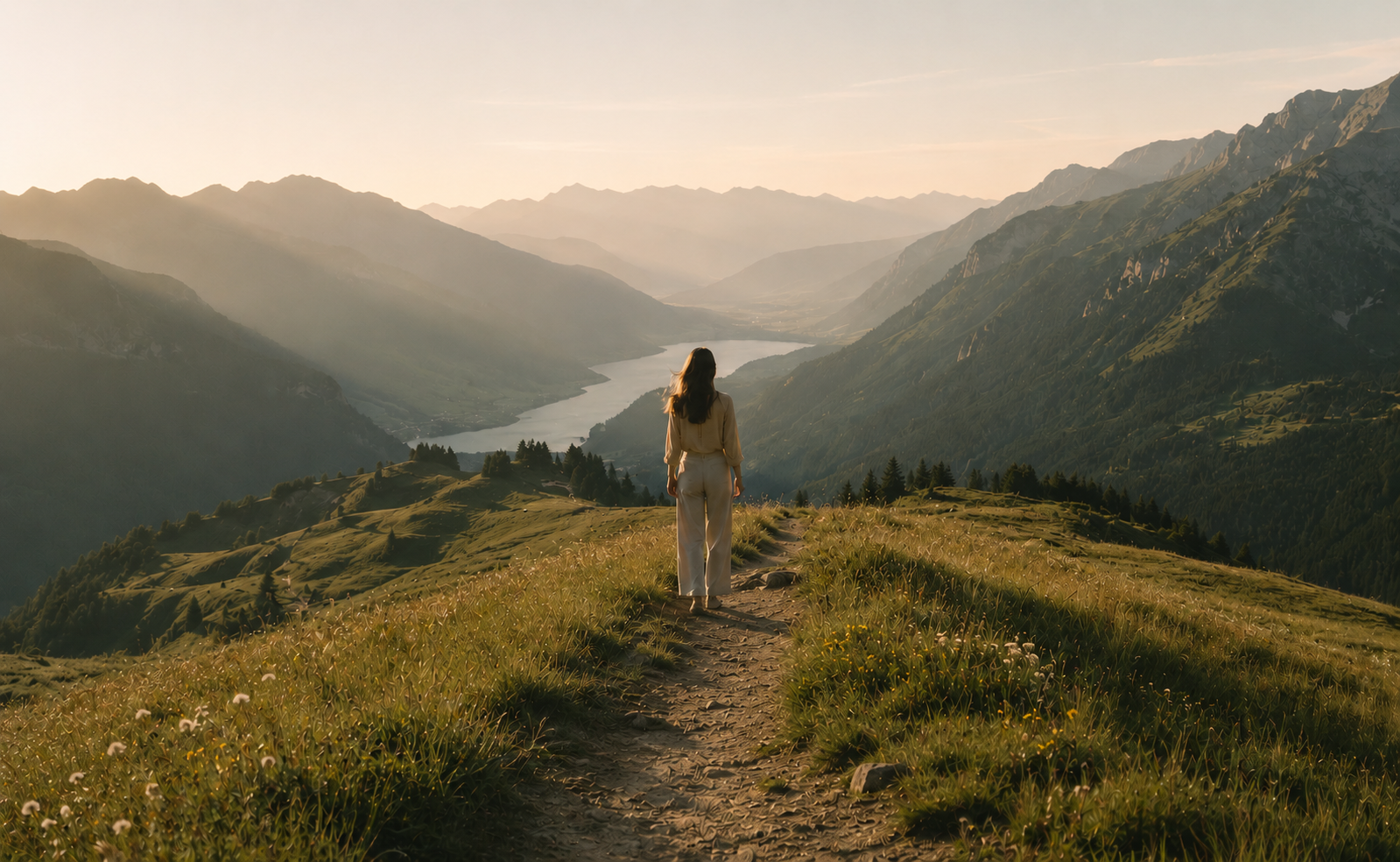 A woman walking on a dirt trail through green hills, overlooking a river and mountain range at sunset.