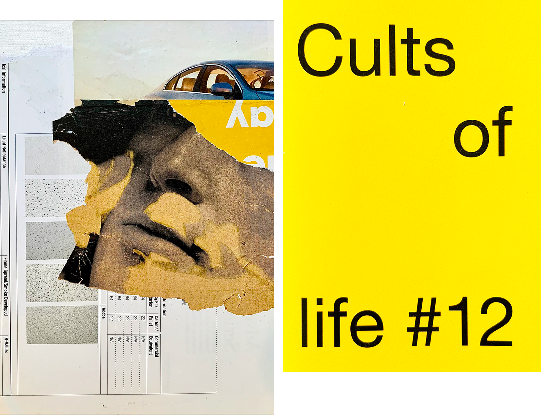 Partially visible yellow book cover with black text that reads "Cult of life #12" and a torn paper with a man's face in black-and-white overlaying a printed page.