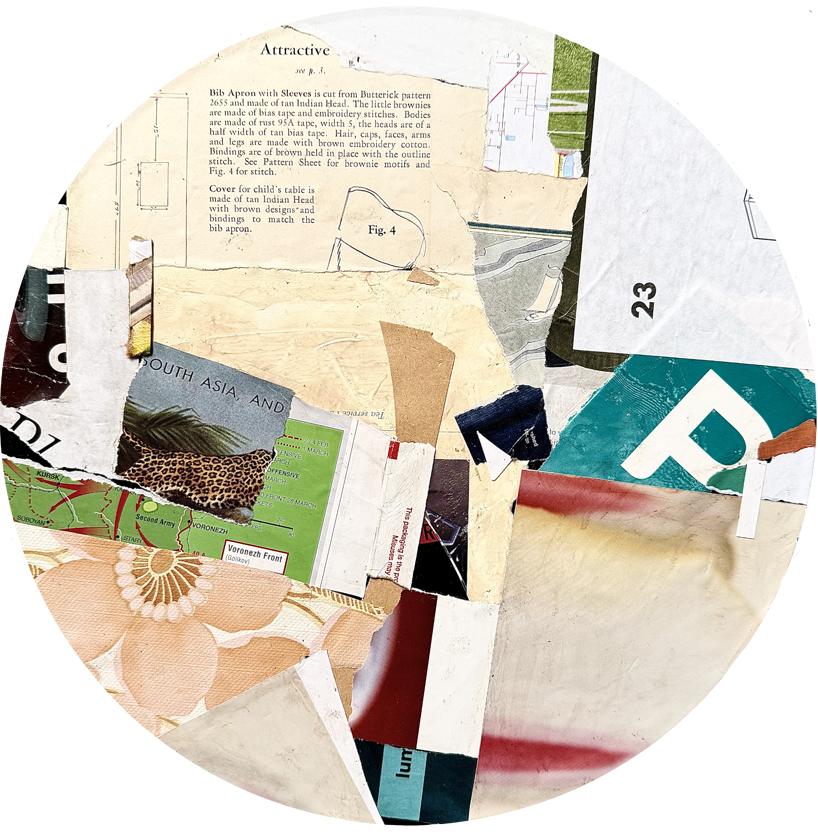 A collage of various torn paper snippets and magazine cuttings layered together, creating an abstract composition.