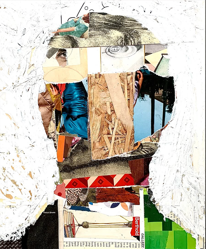 E. E. Cummings, 2024, collage, 12.5"H x 10.5"W