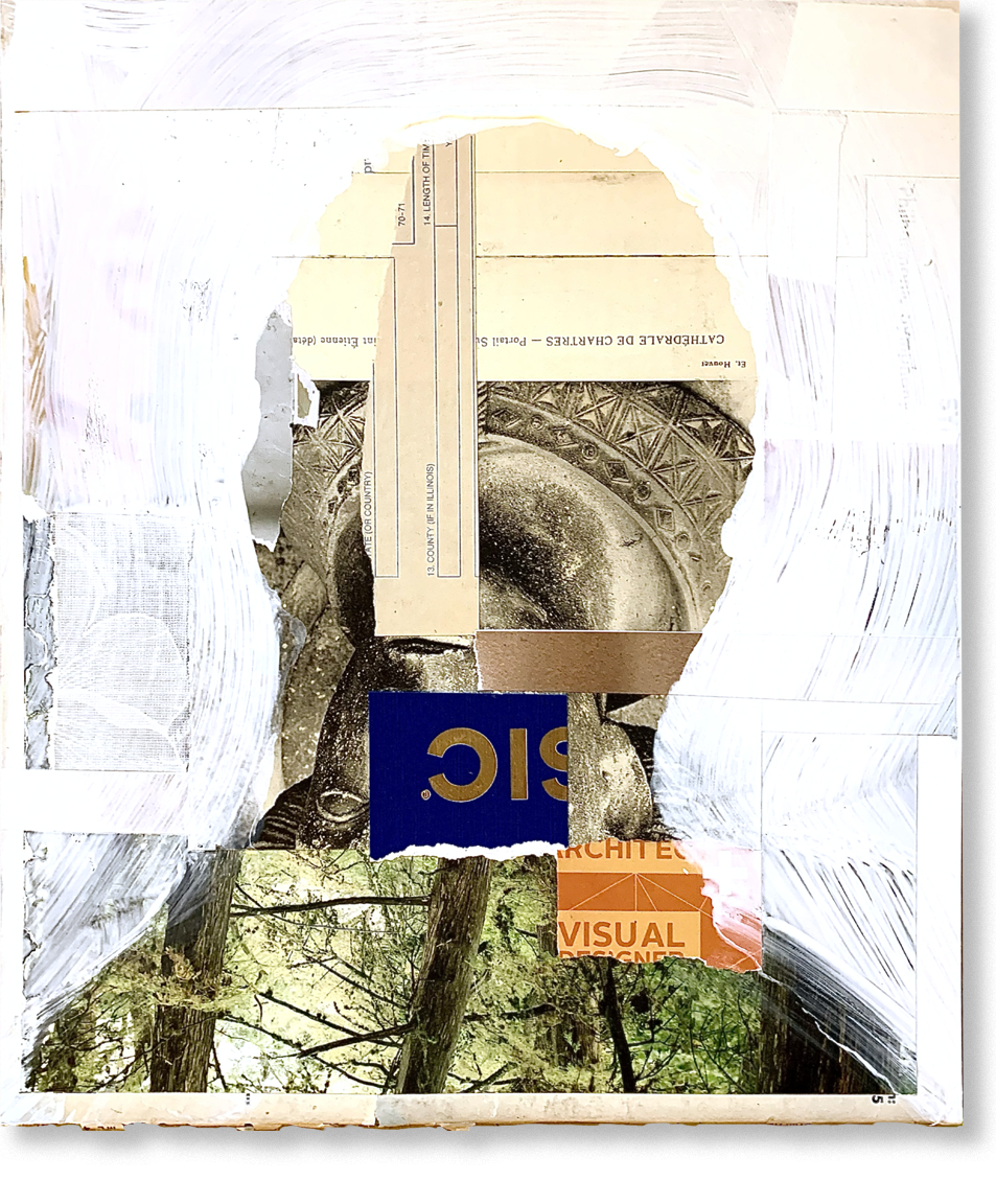 the infirmed poet, 2024, collage, 12.5"H x 10.5"W