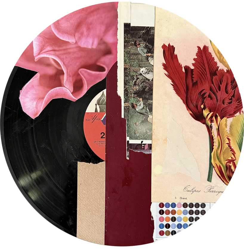 A vinyl record partially covered by torn vintage paper and photographs, featuring an illustration of a red and yellow flower and a small palette of colors.