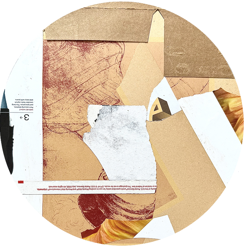A collage of torn and layered paper, cardboard, and printed materials with various textures and colors, including white, beige, brown, and red.
