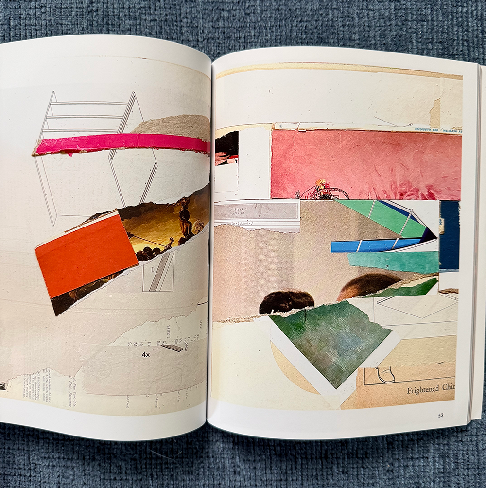 A collage of torn magazine pages laid out on an open book.