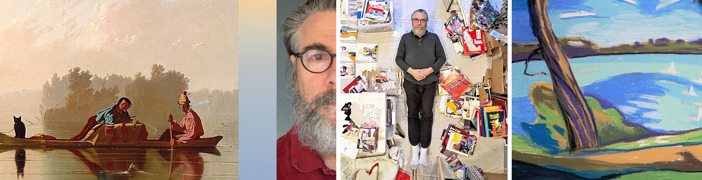 A collage of four images: classical art of two women in a boat on a river, a close-up of a man's face with glasses, a man lying on the floor amid scattered books and art supplies, and a colorful landscape painting of a tree and water.